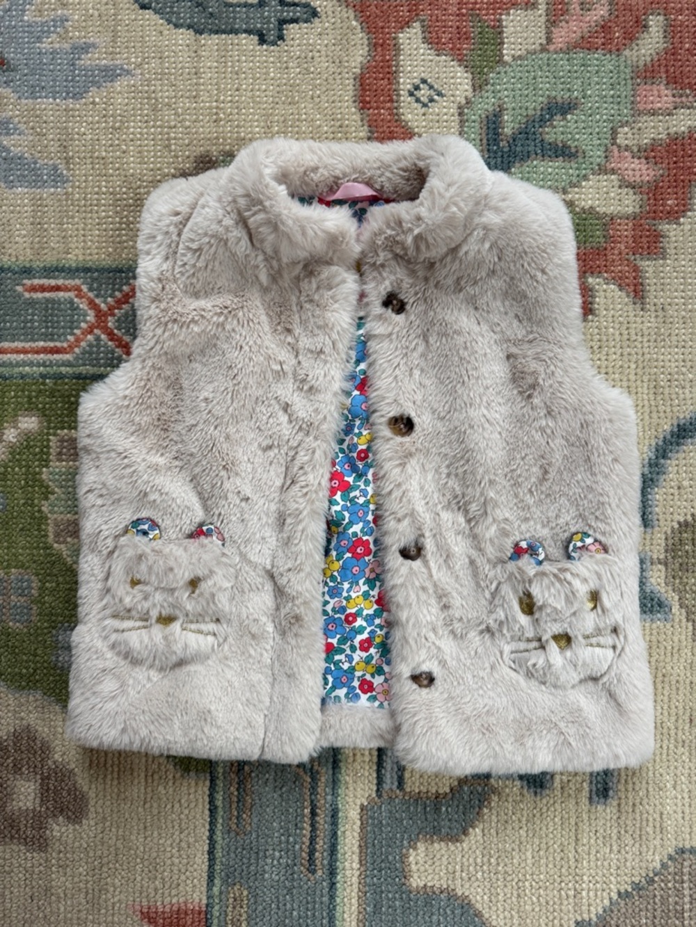 Mini Boden Cream Faux Fur Vest with Floral Trim